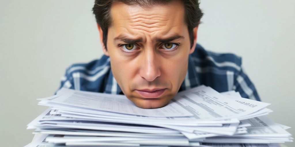 Person looking stressed surrounded by bills.