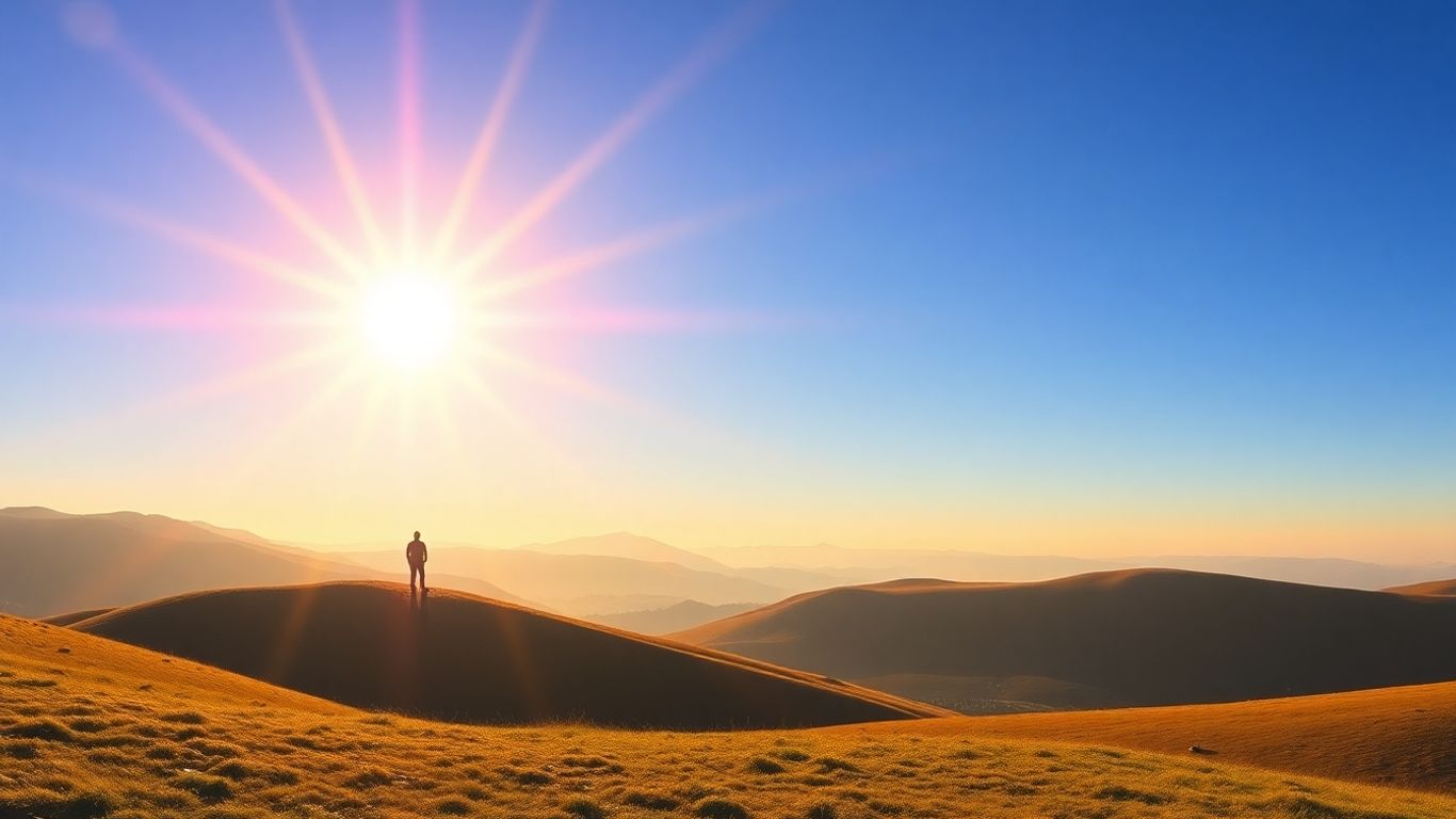 Sunlit hills with a person looking towards the horizon.