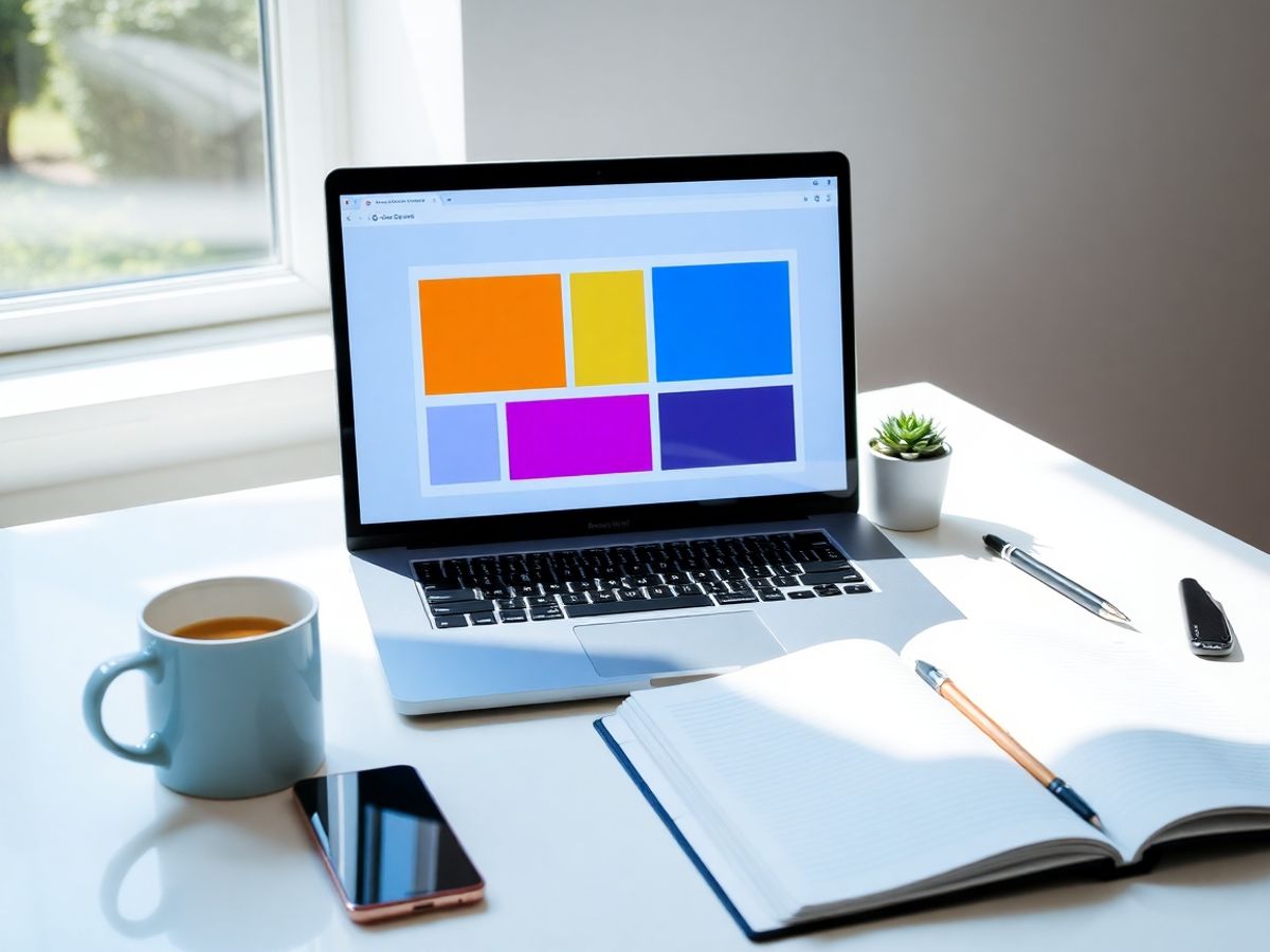 Laptop modern pe birou luminos cu cafea, plantă și carnet