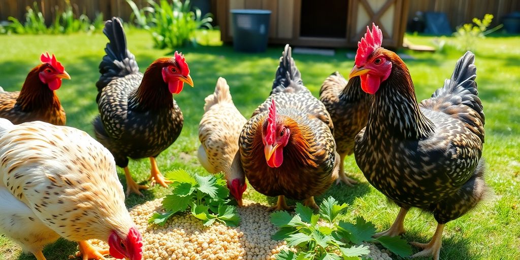 Chickens feeding on grains and greens in a backyard.