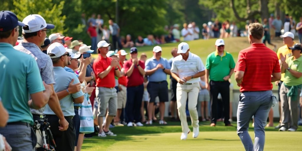 Golf tournament scene with players and enthusiastic spectators.