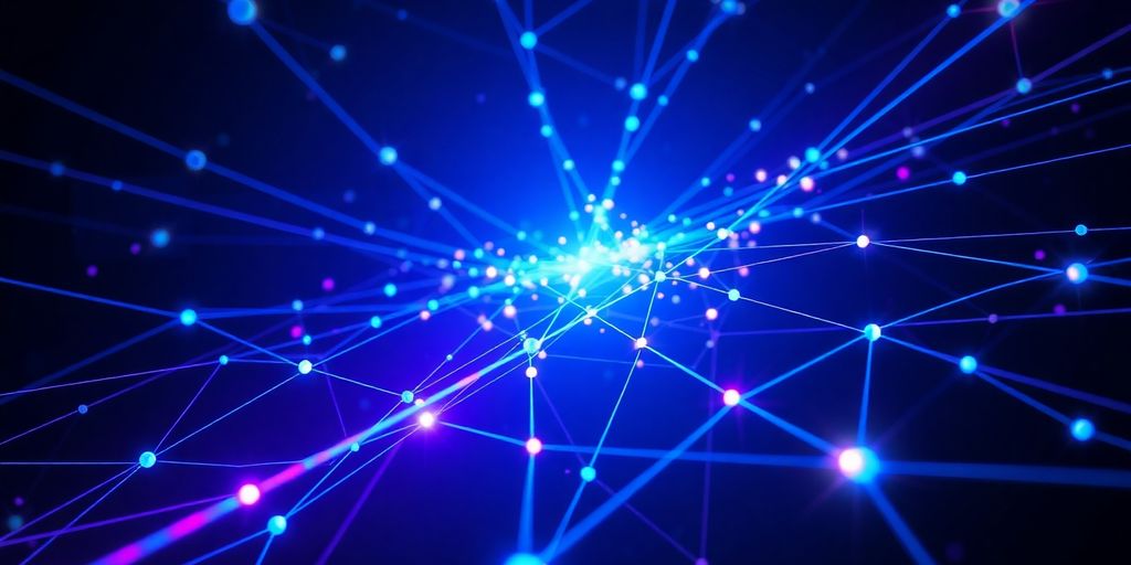 Abstract data flowing through interconnected networks.