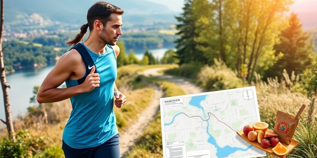 Runner on a scenic trail with snacks and map.