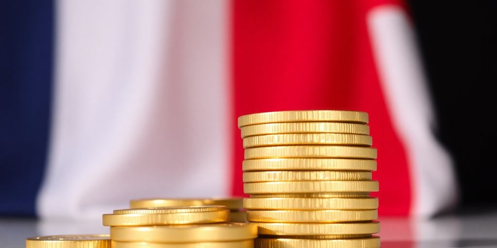 Pièces d'or empilées devant drapeau français.