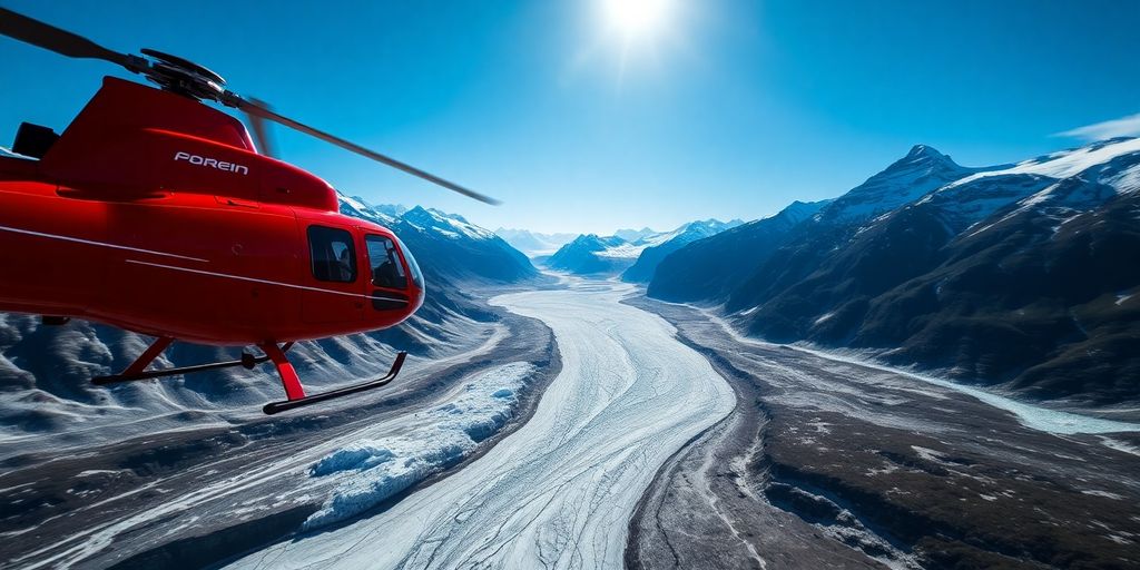 A red helicopter flying over a vast Alaskan glacier.
