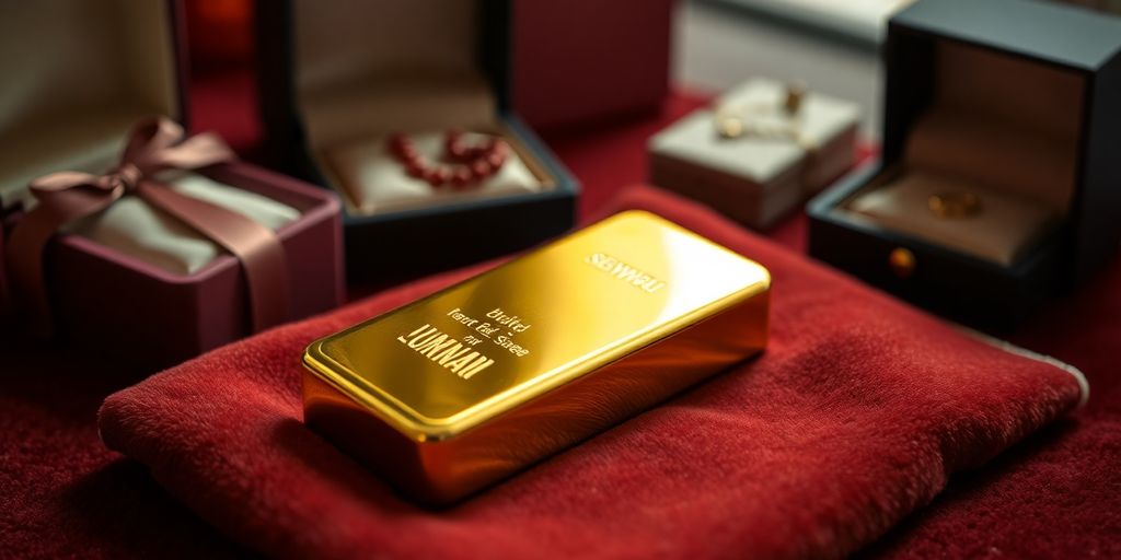 Lingots d'or sur un tissu en velours.