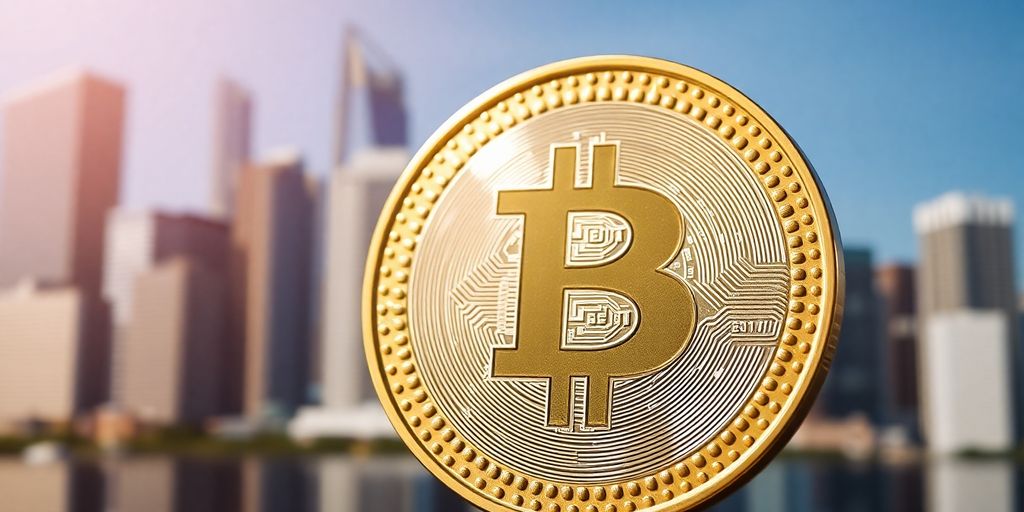 Close-up of a digital Canadian dollar coin on city backdrop.