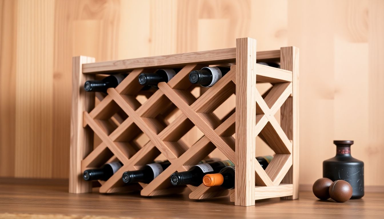Realistic wooden wine rack with bottles of wine.