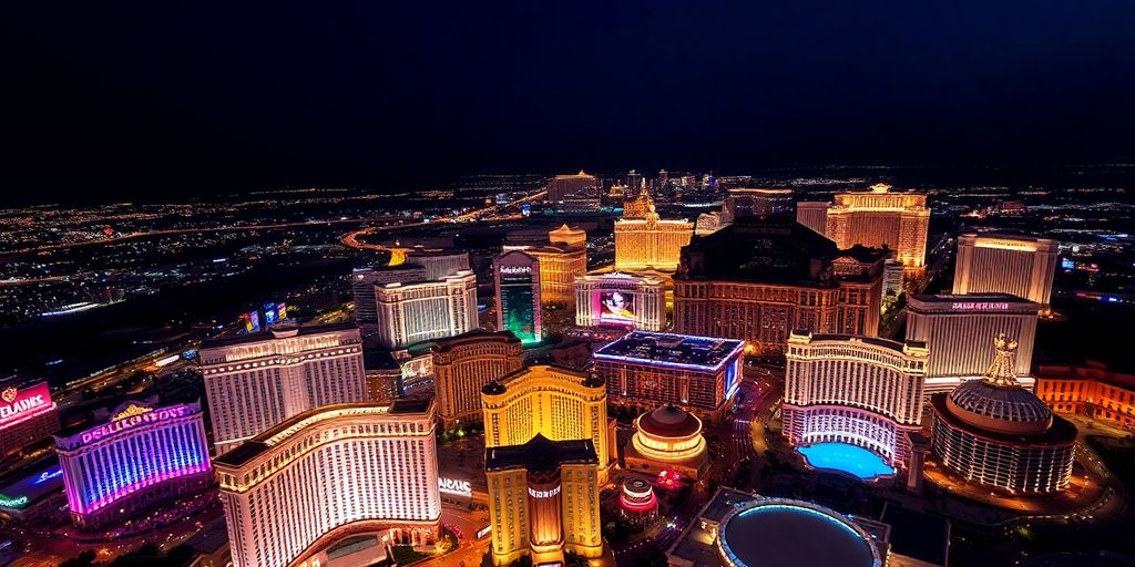 A helicopter flying over the brightly lit Las Vegas Strip at night.