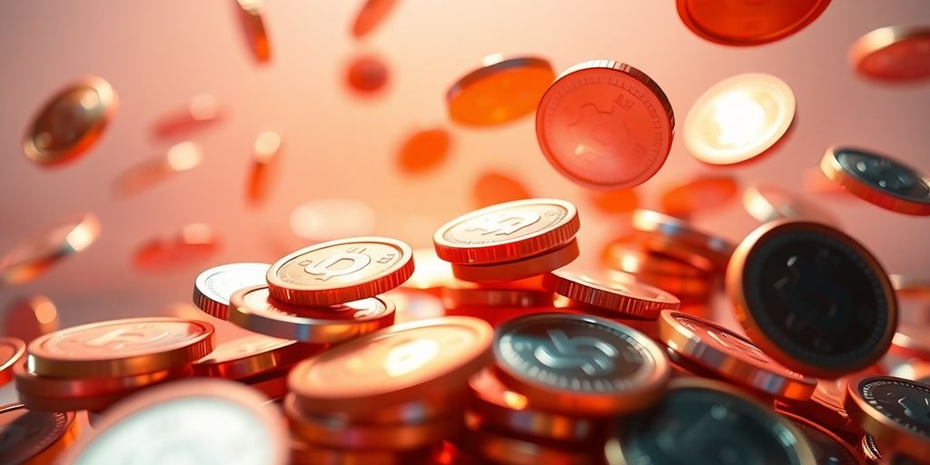 Moedas digitais coloridas flutuando em um ambiente seguro.