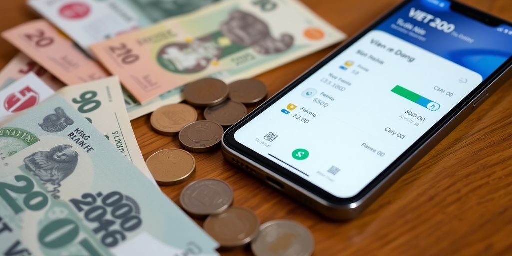 Vietnamese Dong banknotes and smartphone on a wooden table.