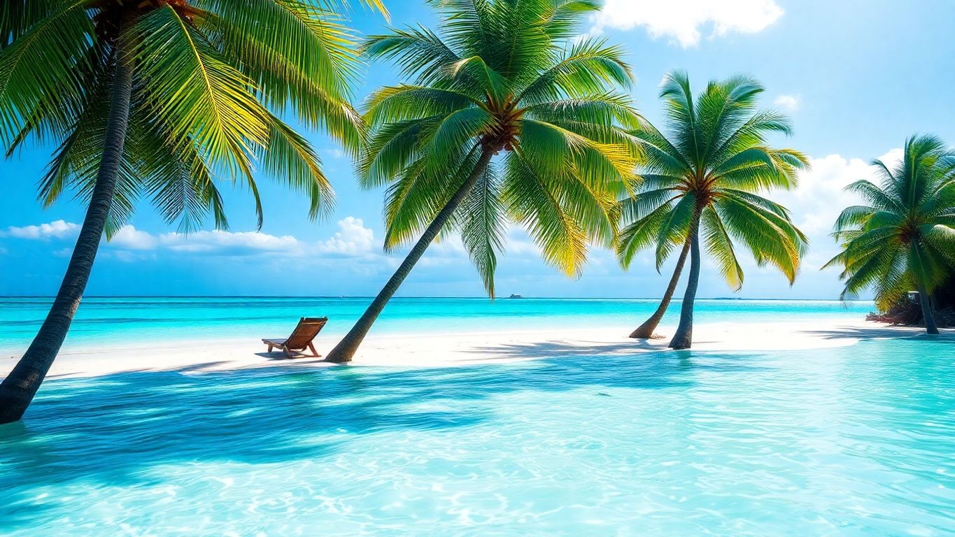 Tropical island with palm trees and clear blue water.