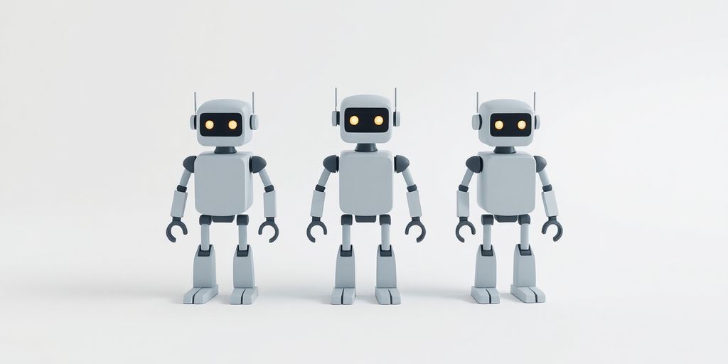 Three distinct, futuristic AI robot icons, minimalistic.