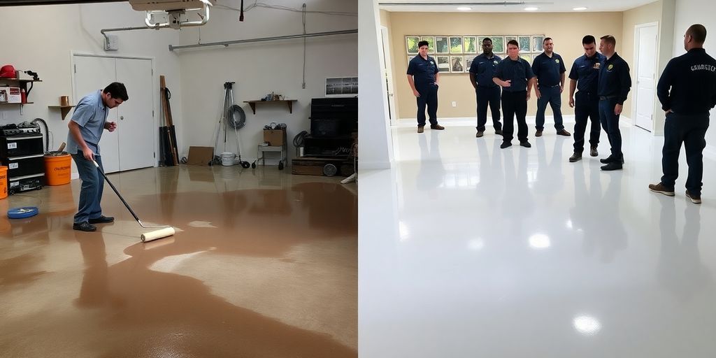 Epoxy flooring tools next to a finished, shiny floor.