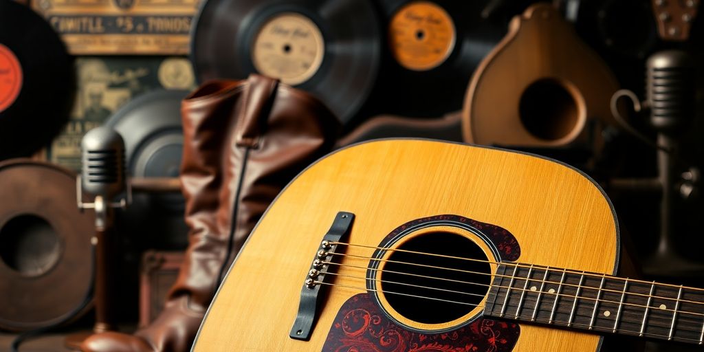 Vintage guitar, cowboy boots, and classic country music memorabilia.