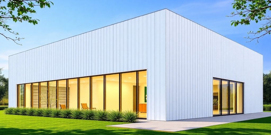 Modern building with PU sandwich panels and green landscape.
