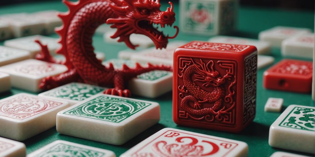 Close-up of a Red Dragon mahjong tile with other tiles in the background.