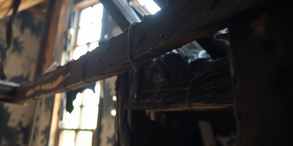 Charred wood beams and soot-covered walls in damaged home.