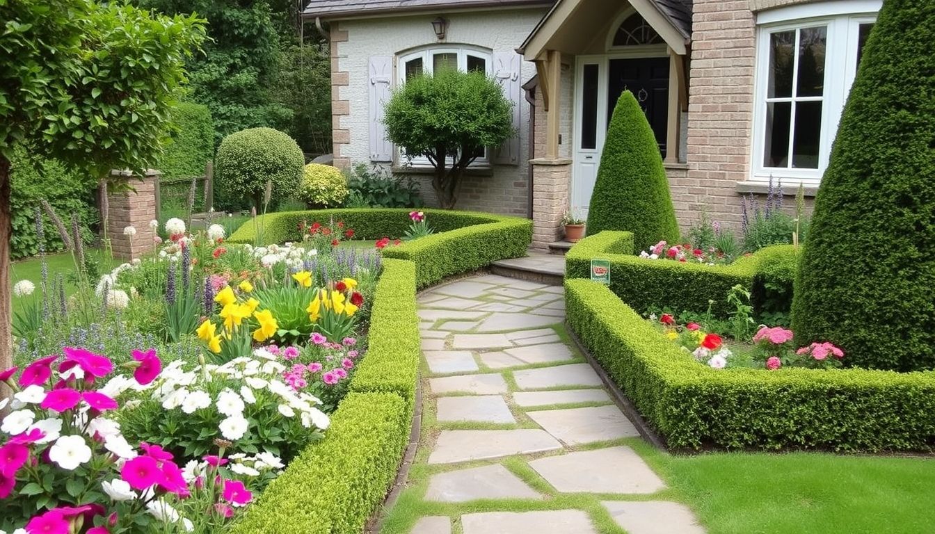 Beautifully landscaped front garden with flowers and pathway