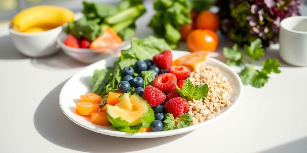 Colorful plate of healthy stress-reducing foods.