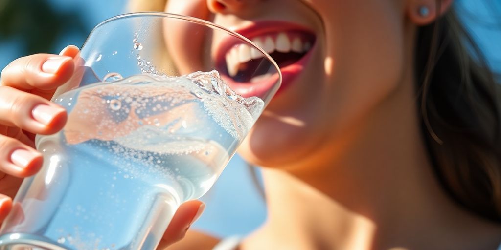 Person drinking water from a clear glass.