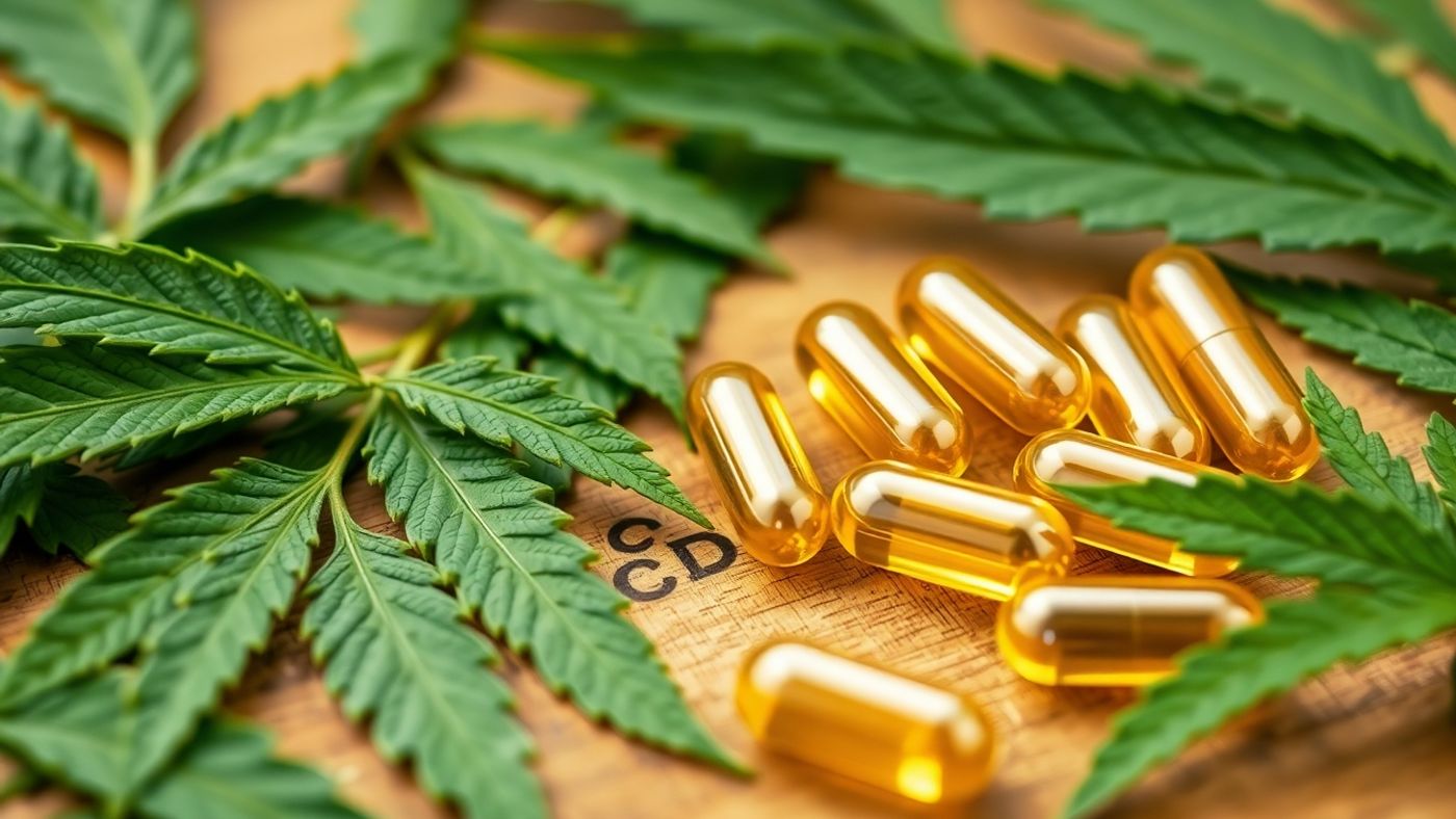 CBD capsules with hemp leaves on a wooden surface.