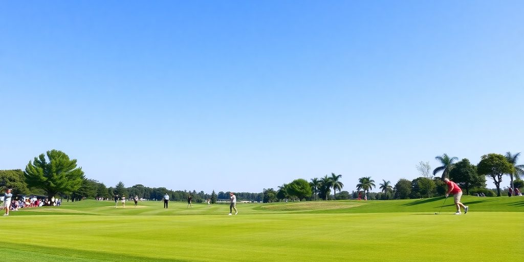 Golfers playing on a sunny golf course.