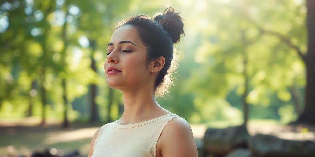 Person practicing breathing techniques in a tranquil outdoor setting.