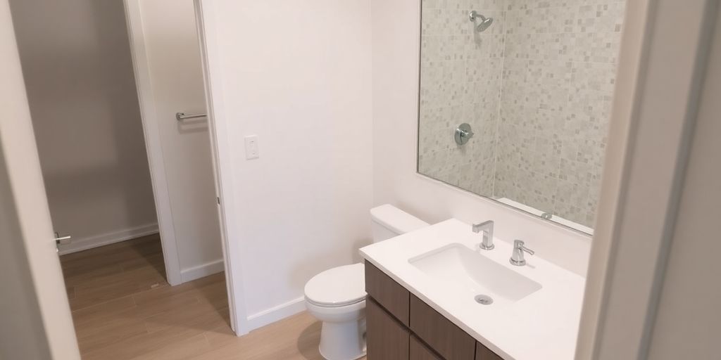 Modern bathroom renovation with new vanity and shower.