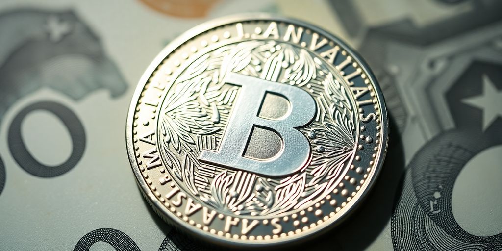 Monnaie en argent sur fond flou de billets.