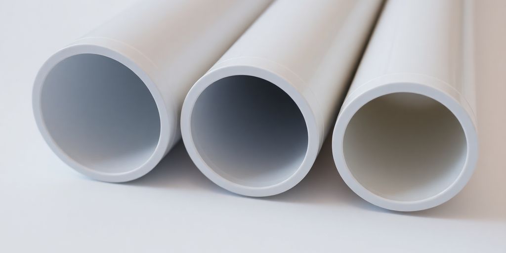 Three distinct PVC pipes, different sizes, on a clean surface.