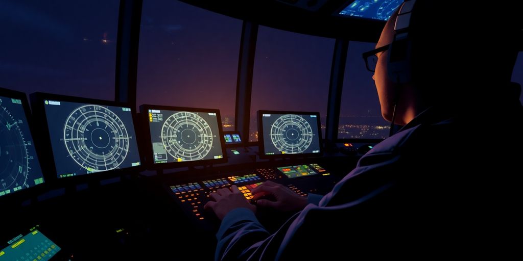 Air traffic controller in tower at night