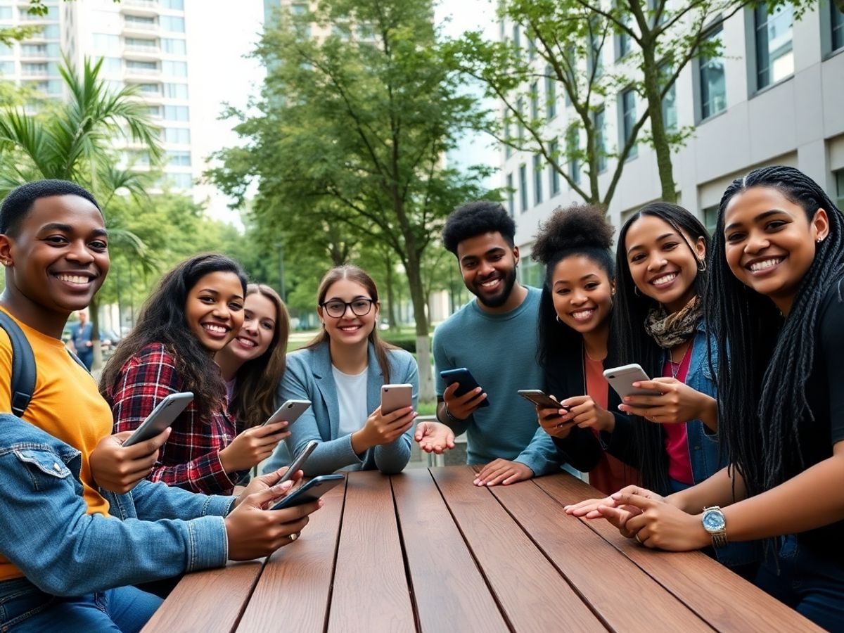 Grup divers de tineri veseli cu tablete și telefoane afară