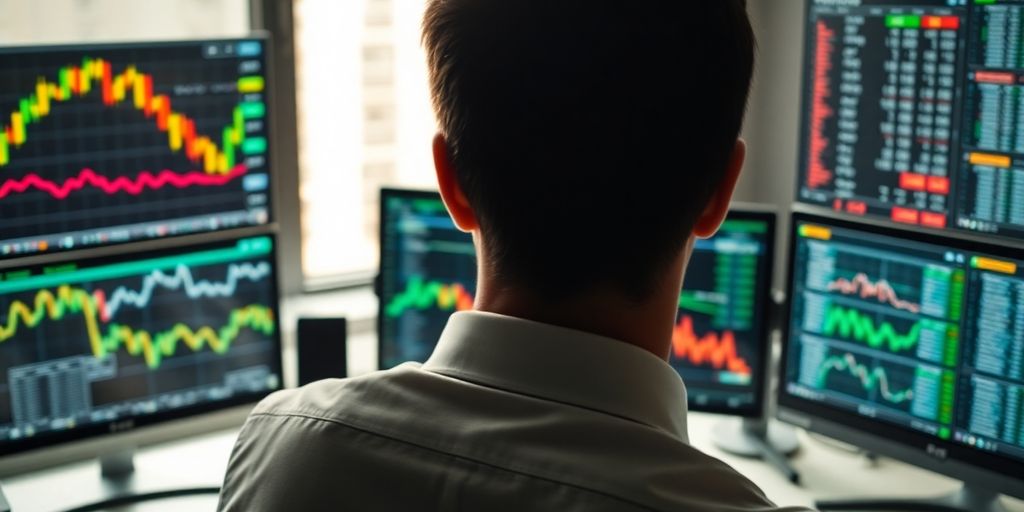 Trader at desk, multiple monitors, focused.