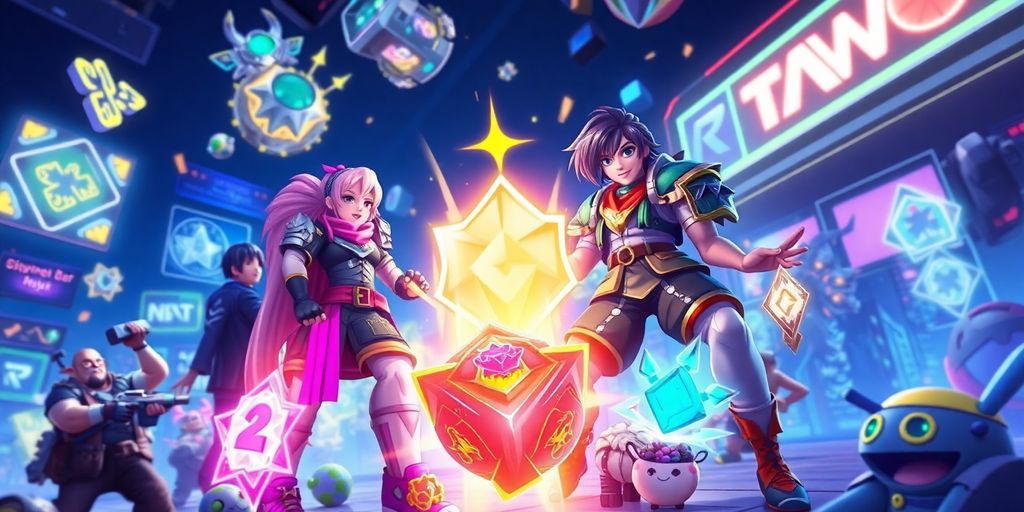 Colorful digital art of gaming characters and virtual items.