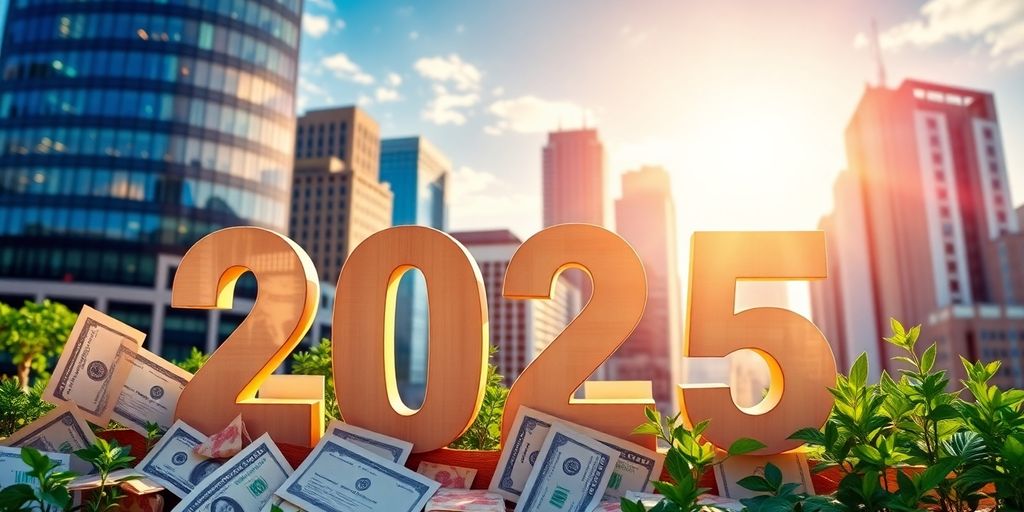 Colorful dividend stocks in a sunny financial district.