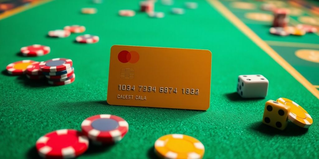 Credit card on casino table, poker chips.