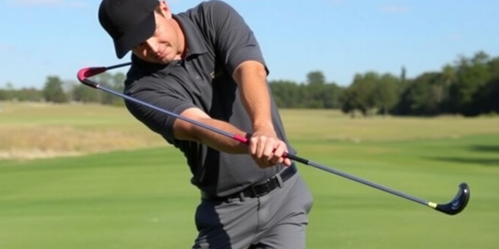 Golfer practicing swing plane drill with alignment sticks.