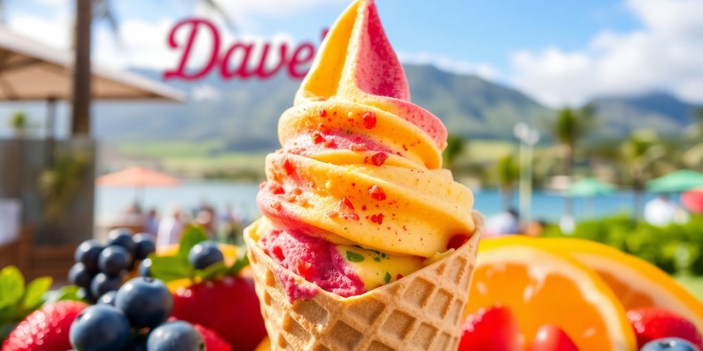 Colorful ice cream scoop with seasonal toppings in cone.