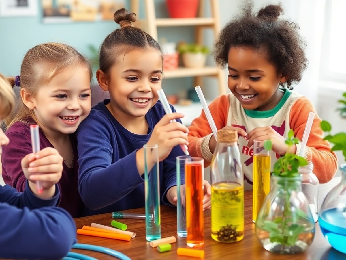 Copii experimentând acasă cu materiale științifice colorate.