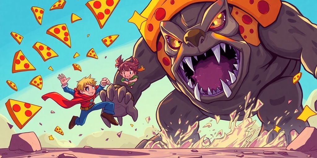 Fantasy hero dodging pizza, battling a giant pizza monster.