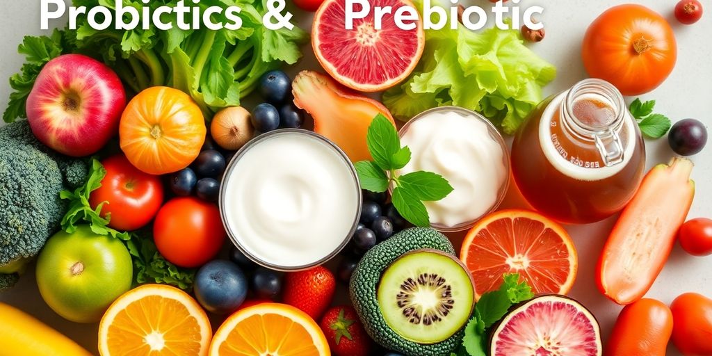 Colorful probiotics and fermented foods for gut health.