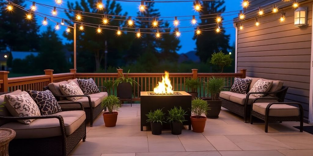 Cozy Ottawa patio with string lights and fireplace.