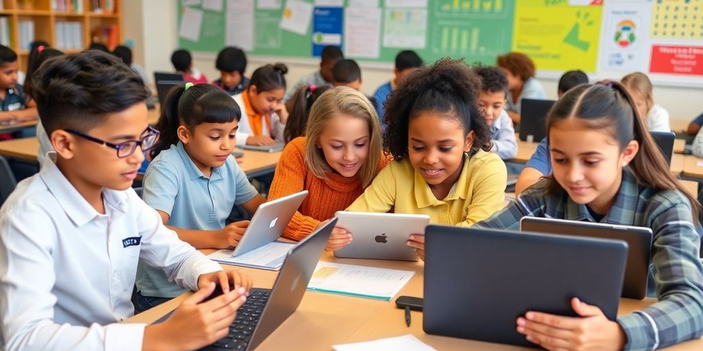 Students using technology in a modern classroom setting.