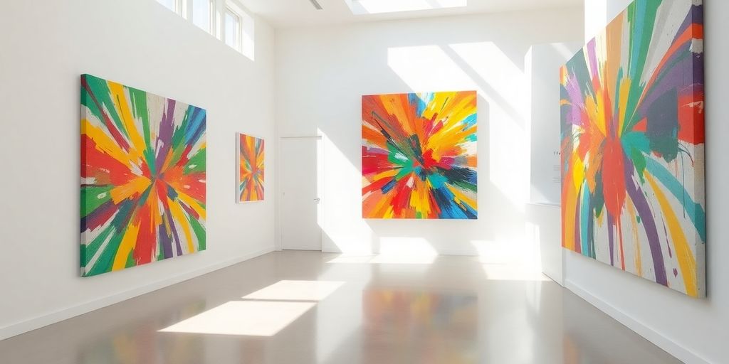 Vibrant abstract paintings on white gallery walls.