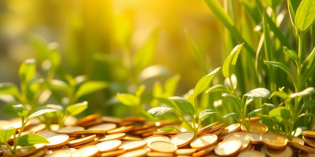 Golden coins and lush green plants.