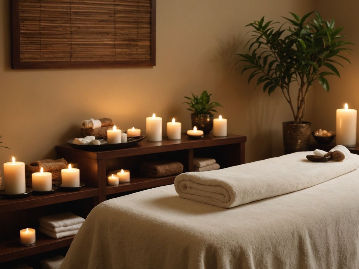 Serene spa setting with massage table and calming decor.