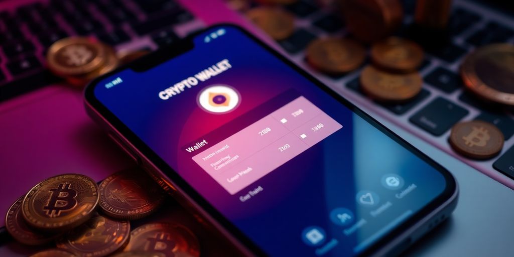 Smartphone with crypto wallet app and coins around it.