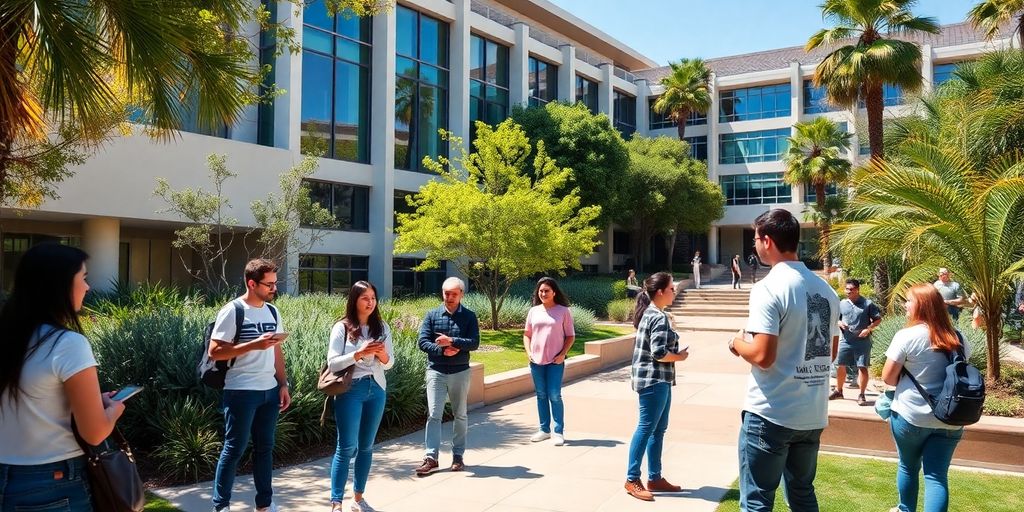 Students collaborating on research at Caltech's picturesque campus.