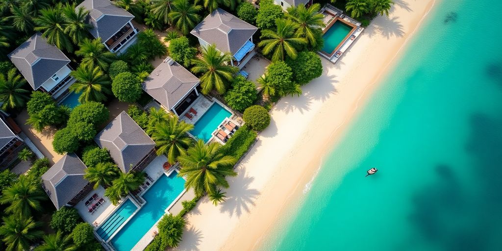 Aerial view of Phuket's neighbourhoods with beaches and villas.